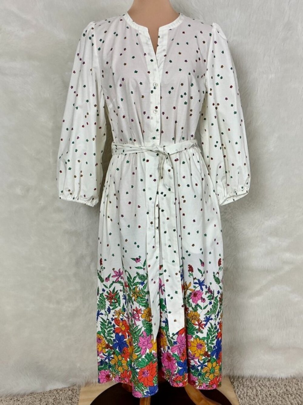 Talbots 100% Cotton Poplin Blissful Floral Puff Sleeve Midi Shirt Dress NWT 14